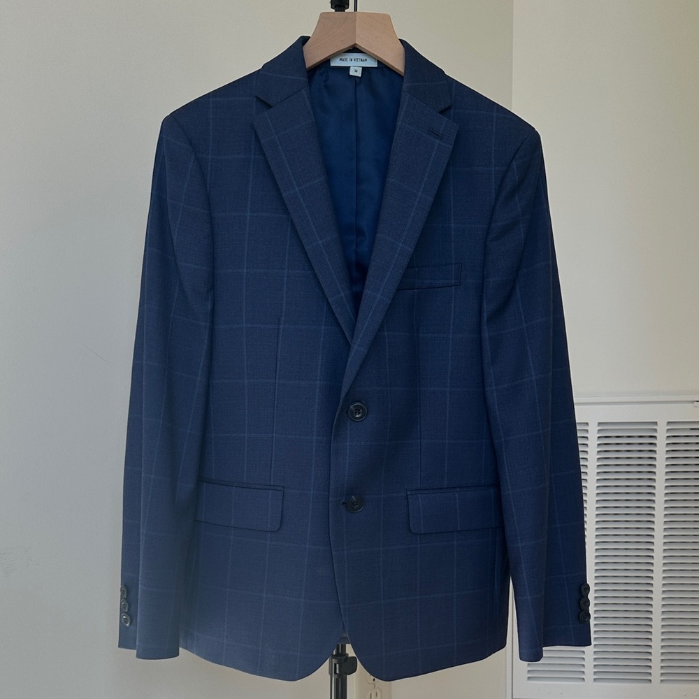 Boys Navy Blue Window Pane Suit with White Button Down Dress Shirt